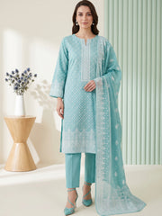 SKY BLUE WITH WHITE BLOCK PRINTED Premium Classic Lawn 3pc Suit with Light Weight Voile Dupatta (Unstitched)