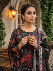 BLACK WITH MULTI Digital Printed Premium Lawn Suit with Voile Dupatta 3pc (Unstitched)