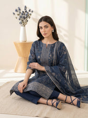 NAVY BLUE Digital Printed Premium Lawn with Light weight Voile Dupatta 3pc Suit (Unstitched)