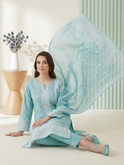 SKY BLUE WITH WHITE BLOCK PRINTED Premium Classic Lawn 3pc Suit with Light Weight Voile Dupatta (Unstitched)