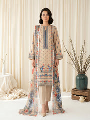 IVORY CREAM WITH MULTI Digital Printed Premium Lawn with Light weight Voile Dupatta 3pc Suit (Unstitched)