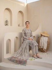 PEARL GRAY WITH MULTI PRINT  Digital Printed Premium Lawn with Light weight Voile Dupatta 3pc Suit (Unstitched)