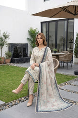 LIME BISCUIT WITH MULTI Digital Printed Premium Lawn Full suit with Fancy Diamond Dupatta 3pc(Unstitched)