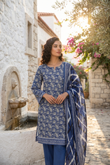 EGYPTIAN BLUE WITH IVORY Bana Dora Lawn Shirt with Plain dyed Trouser with Luxury Lawn Voile Dupatta 3Pc.(Unstitched)