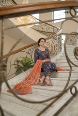 COBALT BLUE ORANGE & HOT PINK Printed Full Suit with Luxury ZARI Dupatta 3pc (Unstitched)