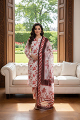 CHERRY PINK WHITE & BURNT MAROON Printed Premium Lawn Full Suit 3pc Suit (Unstitched)