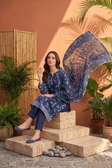 ROYAL BLUE WITH MULTI PRINT Bana Dora Lawn Shirt with Plain dyed Trouser with Luxury Lawn Voile Dupatta 3Pc.(Unstitched)