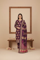 BASE EGGPLANT WITH MULTI PRINT 3pc Premium Doria linen suit with linen dupatta (Unstitched)