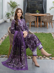 DARK PURPLE WITH MULTI FLORAL DIGITAL PRINTED PREMIUM LAWN WITH FANCY DIAMOND DUPATTA 3Pc Suit (Unstitched)
