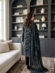 BLACK WITH MYRTLE GREEN Printed Premium Lawn with Voile Dupatta 3pc Suit (Unstitched)