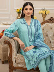 BRIGHT AQUA & CLASSIC BLUE Premium Slub Lawn 3pc Suit with Light Weight Voile Dupatta (Unstitched)