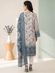 SHIPHIRE BLUE, WARM IVORY WITH MULTI Digital Printed Premium Lawn with Light weight Voile Dupatta 3pc Suit (Unstitched)
