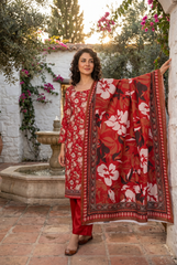 CARMINE RED WIH MULTI PRINT Bana Dora Lawn Shirt with Plain dyed Trouser with Luxury Lawn Voile Dupatta 3Pc.(Unstitched)