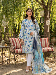 LIGHT GREY WITH CHATHAMS BLUE Digital Printed 3Pc suit with Luxury Voile Dupatta(Unstitched)