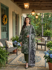 RIFLE GREEN Printed Premium Lawn Suit with Voile Dupatta 3pc Suit (Unstitched)