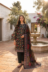 BLACK WITH MULTI PRINT Bana Dora Lawn Shirt with Plain dyed Trouser with Luxury Lawn Voile Dupatta 3Pc.(Unstitched)