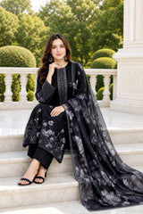 BLACK & GRAY..Premium Classic Lawn 3pc Suit with Light Weight Voile Dupatta (Unstitched)