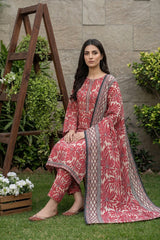 RED & IVORY PRINTED LAWN SUIT WITH VOILE DUPATTA 3Pc (Unstitched)