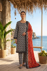 BLACK  WHITE & CRIMSON RED PRINTED LAWN SUIT WITH VOILE DUPATTA 3Pc (Unstitched)