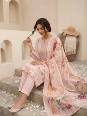 PEACH CHAMPAGNE WITH MULTI PRINT Premium Classic Lawn 3pc Suit with Light Weight Voile Dupatta (Unstitched)