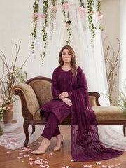 Dark Plum Chiffon Embroidered 3Pc Suit (Unstitched)