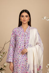 BASE WHITE OR LIGHT PURPLE WITH MULTI PRINT 3pc Premium Doria linen suit with linen dupatta (Unstitched)