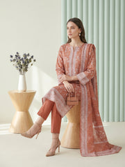 PASTEL CHOCOLATE WITH WHITE BLOCK PRINTED Premium Classic Lawn 3pc Suit with Light Weight Voile Dupatta (Unstitched)