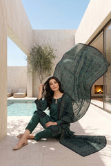 BOTTLE GREEN WITH BLACK Premium Digital Lawn 3pc Suit with Light Weight Digital VOILE Dupatta (Unstitched)