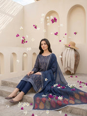 ROYAL BLUE WITH MULTI PRINT Digital Printed Premium Lawn with Light weight Voile Dupatta 3pc Suit (Unstitched)