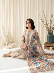 IVORY CREAM WITH MULTI Digital Printed Premium Lawn with Light weight Voile Dupatta 3pc Suit (Unstitched)
