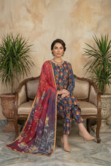 CLASSIC BLUE WITH MULTI PRINT  Printed Full Suit with FANCY ZARI Dupatta 3pc (Unstitched)