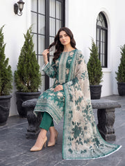 DARK GREEN & HAZEL WOOD Digital Printed 3Pc suit with Luxury Voile Dupatta(Unstitched)