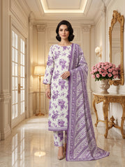 HONEYDEW BASE & PURPLE Digital Printed Premium Lawn 3pc Suit (Unstitched)