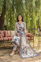 BASE BEIGE WITH MULTI PRINT CAMBRIC LAWN SUIT WITH VOILE DUPATTA 3Pc (Unstitched)