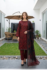 MARRON & BLACK Digital Printed Premium Lawn Full suit with Fancy Diamond Dupatta 3pc(Unstitched)