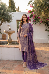 DEEP VOILET WITH CREAM Bana Dora Lawn Shirt with Plain dyed Trouser with Luxury Lawn Voile Dupatta 3Pc.(Unstitched)