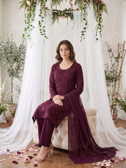 DEEP PURPLE Chiffon Embroidered 3Pc Suit (Unstitched)