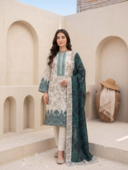 MINT CREAM & BOTTLE GREEN Premium Classic Lawn 3pc Suit with Light Weight Voile Dupatta (Unstitched)