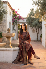 BROWN WITH BLACK Bana Dora Lawn Shirt with Plain dyed Trouser with Luxury Lawn Voile Dupatta 3Pc.(Unstitched)