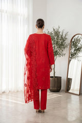CHERRY RED Chiffon Embroidered 3Pc Suit (Unstitched)