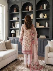 CORAL PEACH WITH MULTI Printed Premium Lawn with Voile Dupatta 3pc Suit (Unstitched)
