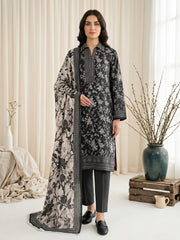 BLACK, WHITE & FAWN Digital Printed 3Pc suit with Luxury Voile Dupatta(Unstitched)