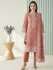PASTEL CHOCOLATE WITH WHITE BLOCK PRINTED Premium Classic Lawn 3pc Suit with Light Weight Voile Dupatta (Unstitched)