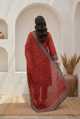 DARK RED BLACK & CREAM Premium Classic Lawn 3pc Suit with Light Weight Voile Dupatta (Unstitched)