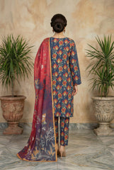 CLASSIC BLUE WITH MULTI PRINT  Printed Full Suit with FANCY ZARI Dupatta 3pc (Unstitched)