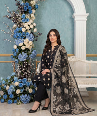 BLACK & CREAM Digital Printed 3Pc suit with Luxury Voile Dupatta(Unstitched)