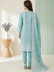 SKY BLUE WITH WHITE BLOCK PRINTED Premium Classic Lawn 3pc Suit with Light Weight Voile Dupatta (Unstitched)