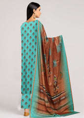 TURQUOISE GREEN AND RUST 3pc Premium linen suit with linen dupatta (Unstitched)