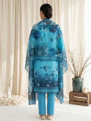 OCEAN BLUE & NAVY BLUE Digital Printed Premium Lawn with Light weight Voile Dupatta 3pc Suit (Unstitched)