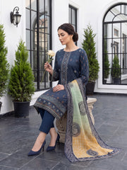 DEEP BLUE WITH MULTI Digital Printed 3Pc suit with Luxury Voile Dupatta(Unstitched)